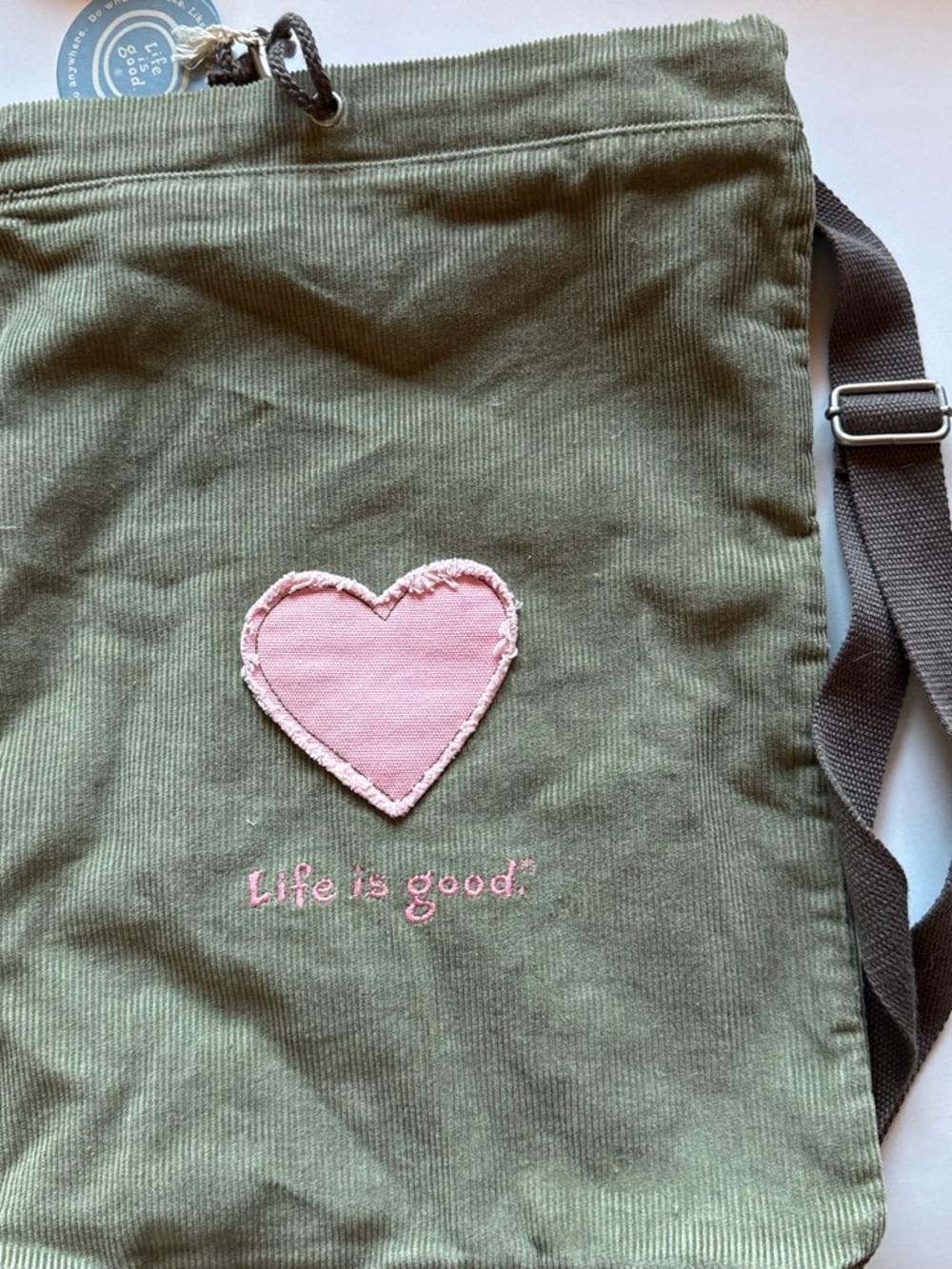 Life is Good Olive Corduroy Backpack with Pink Heart